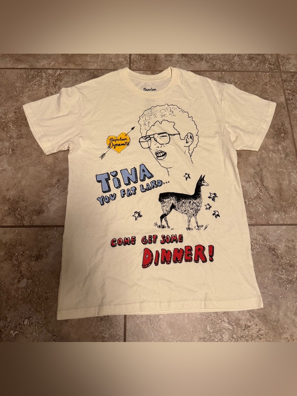 NAPOLEON DYNAMITE T-Shirt Mens M Tina You Fat Lard... Come Get Some Dinner! HOLE